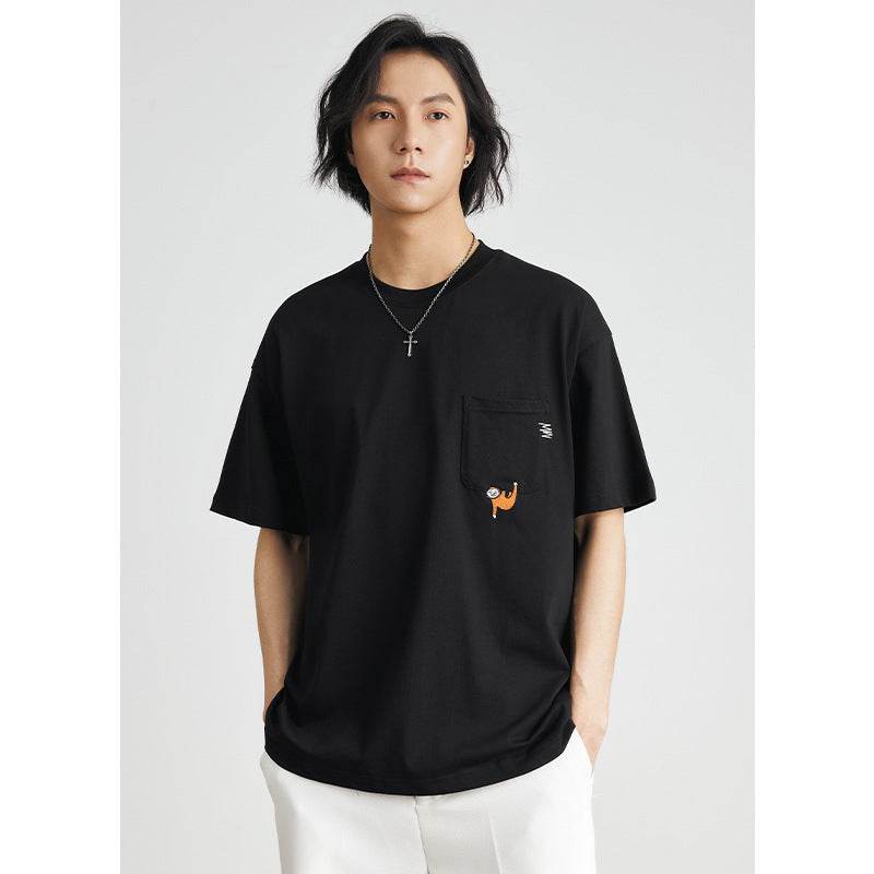 Embroidered Crew Neck T-shirt Cotton Double Yarn Loose - MYLUXURY LANE ENTERPRISE