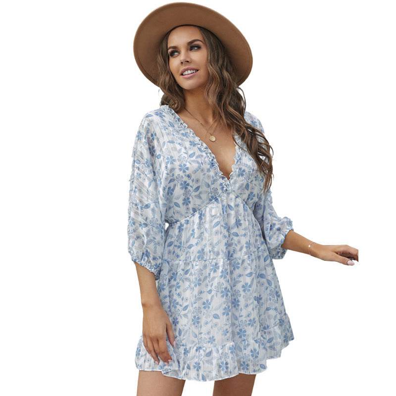 Floral Printed V-neck Female Butterfly Sleeve Chiffon Dress - MYLUXURY LANE ENTERPRISE