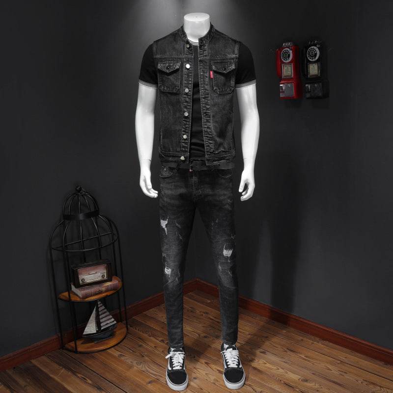 Harley Motorcycle Men's Uniform Black Stand-up Collar Plus Size Denim Vest - MYLUXURY LANE ENTERPRISE