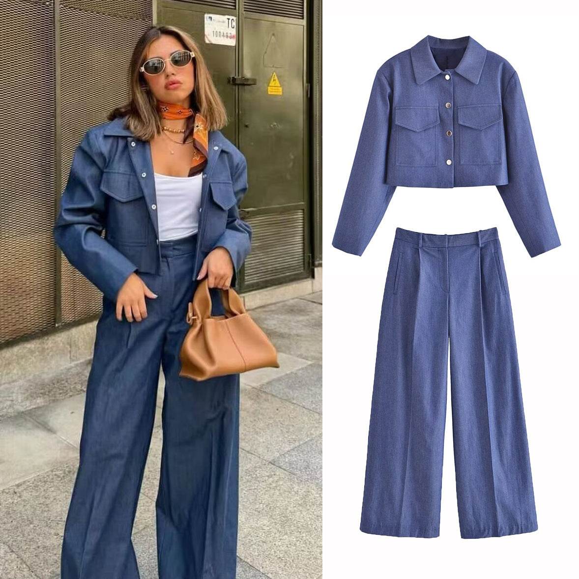 Double Pocket Cropped Coat Top High Waist Wide Leg Pants Suit - MYLUXURY LANE ENTERPRISE