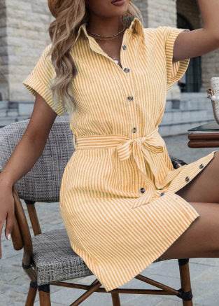 New Casual Striped Short Sleeve Button Down Belt Shirt Dress - MYLUXURY LANE ENTERPRISE