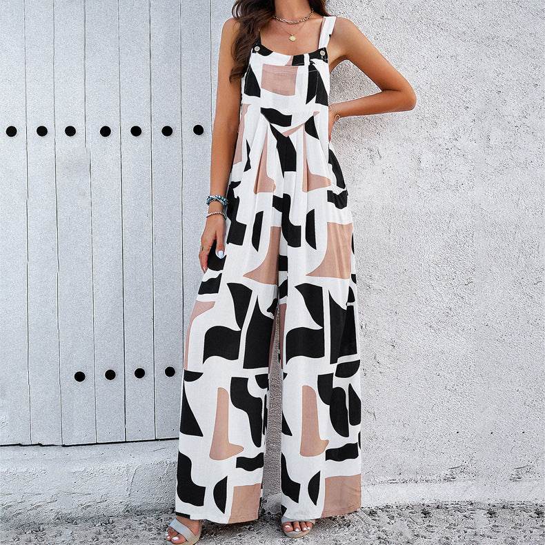 Fashion Print Square Neck Jumpsuit With Pockets Spring Summer Casual Loose Overalls Womens Clothing - MYLUXURY LANE ENTERPRISE