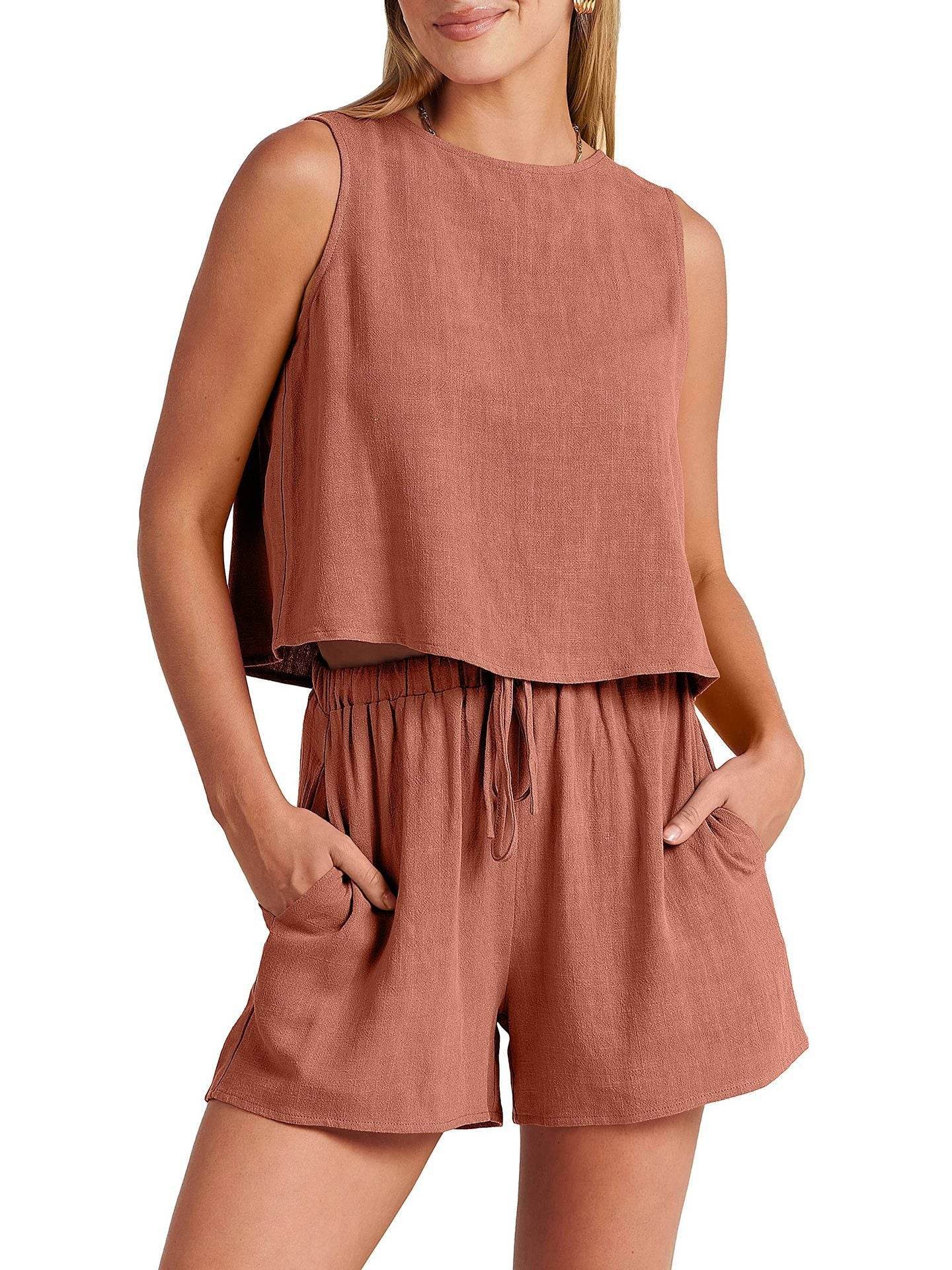Women's Casual Sleeveless Loose Cotton Linen Shorts Two-piece Suit - MYLUXURY LANE ENTERPRISE