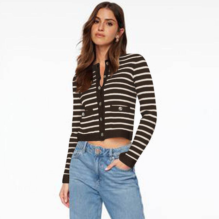 Comfort And Casual Long Sleeve Striped Button Top - MYLUXURY LANE ENTERPRISE