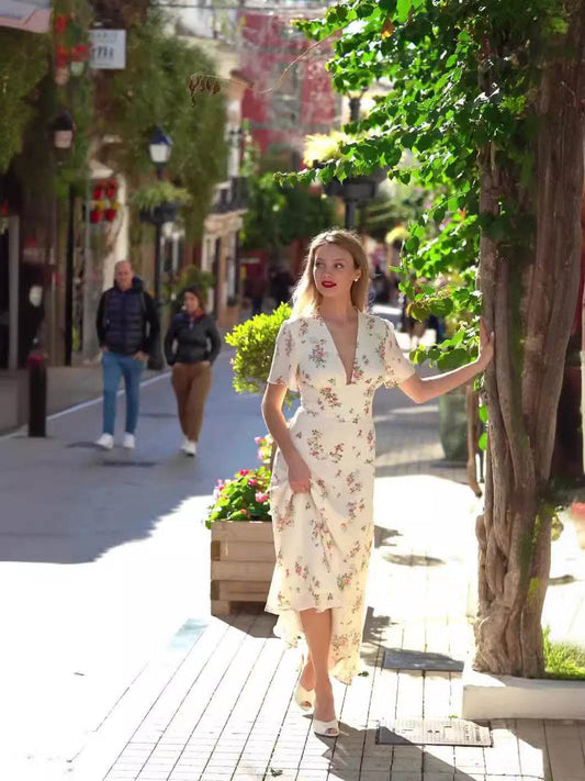French Sexy Deep V Dress Gentle Small Floral Tight Waist Slimming Dress - MYLUXURY LANE ENTERPRISE