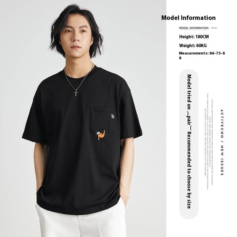Embroidered Crew Neck T-shirt Cotton Double Yarn Loose - MYLUXURY LANE ENTERPRISE