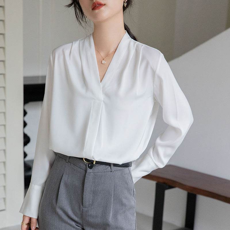 Korean Style Versatile V-neck Long Sleeve Satin Blouse Women's Tops - MYLUXURY LANE ENTERPRISE