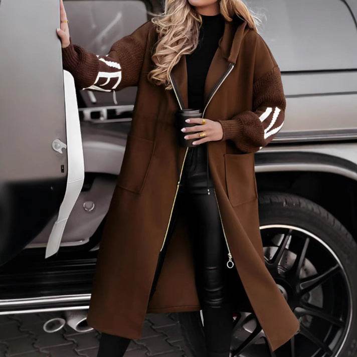 Hooded Windbreaker Long Jacket With Pockets And Drawstring Design Solid Color Knit-Sleeved Trench Coat For Women Clothing Fall Winter - MYLUXURY LANE ENTERPRISE