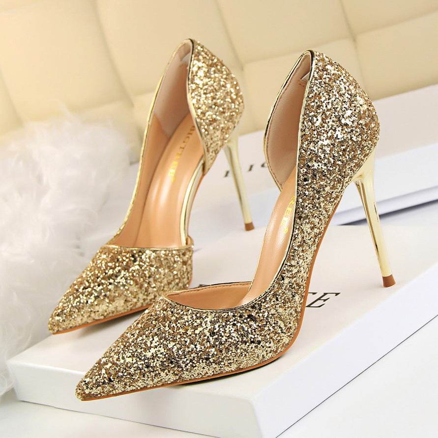 Skinny Women's Shoes Stiletto Heel Shallow Mouth Pointed Side Hollow-out Sequin - MYLUXURY LANE ENTERPRISE