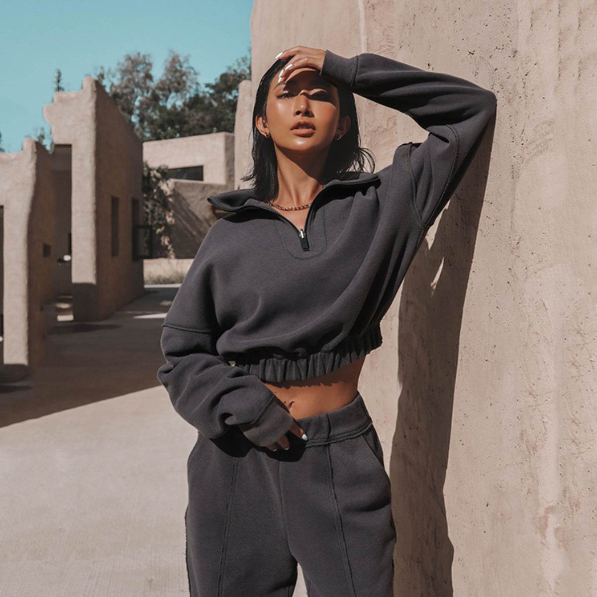 Long Sleeve Turtleneck Sweatshirt Stand Up Zipper Short Top With Loose Straight Leg Pants Women's Clothing - MYLUXURY LANE ENTERPRISE