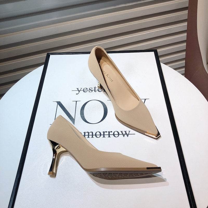 French High Heels Women's Spring New Fashion Metal Pointed Low-cut Stiletto Heel - MYLUXURY LANE ENTERPRISE