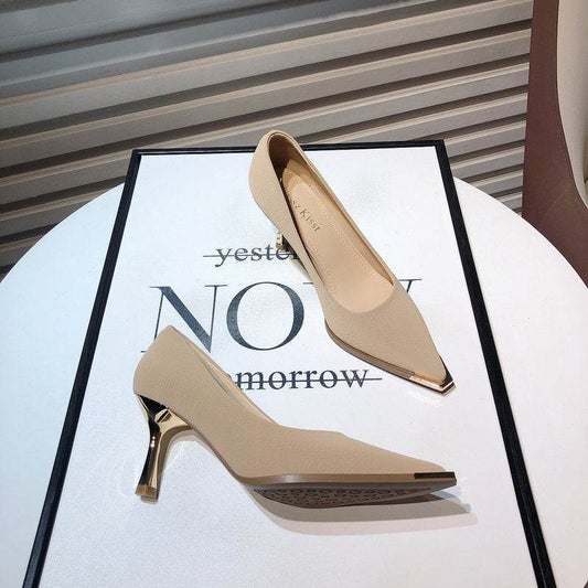 French High Heels Women's Spring New Fashion Metal Pointed Low-cut Stiletto Heel - MYLUXURY LANE ENTERPRISE