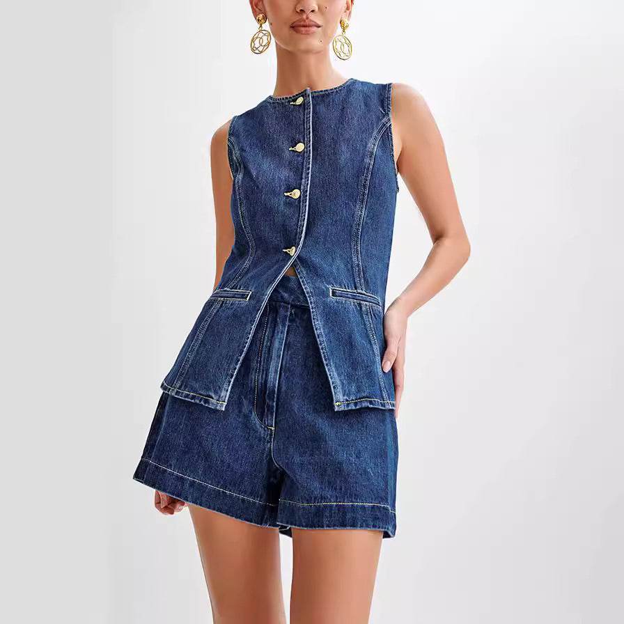 Fashion Denim Suit Summer Casual Sleeveless Button Vest Top And High Waist Shorts Set For Womens Clothing - MYLUXURY LANE ENTERPRISE