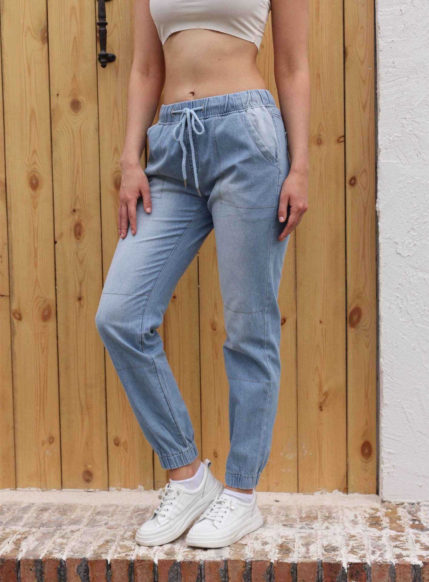 Casual Jeans Light Blue Elastic Waist String Trousers - MYLUXURY LANE ENTERPRISE