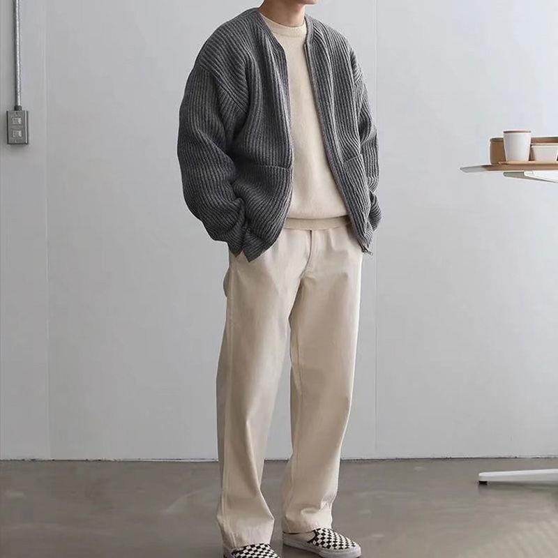 Men Zip Up Knitted Cardigan Lined Funnel Neck Jumper Sweater Pockets Coat All Seasons Comfortable Soft Long Sleeve - MYLUXURY LANE ENTERPRISE