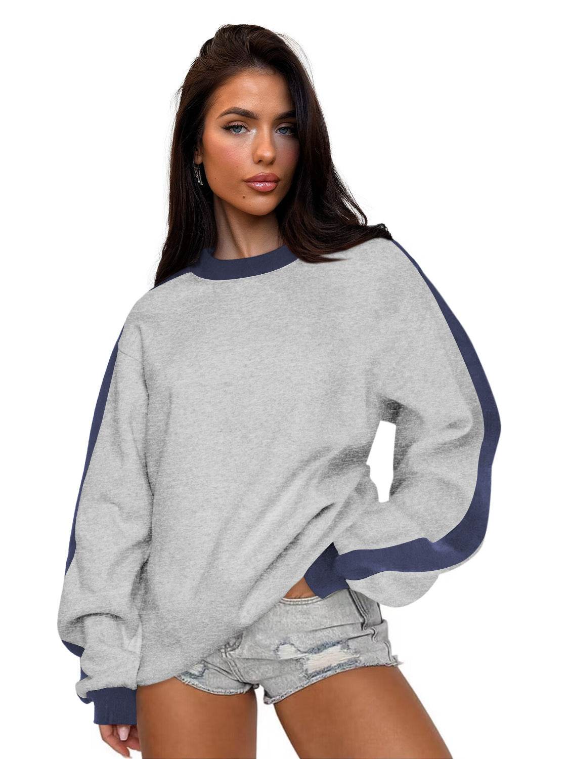 Women's Contrast Color Round Neck Loose Sweater Long-sleeved Top - MYLUXURY LANE ENTERPRISE