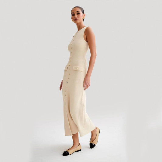 Elegant Knitted Sleeveless Dress With Single Breast Fashion Slim Round Neck Long Dresses Womens Clothing - MYLUXURY LANE ENTERPRISE