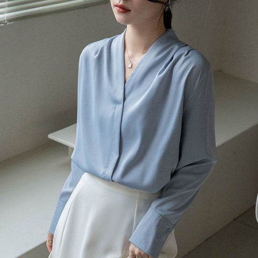 Korean Style Versatile V-neck Long Sleeve Satin Blouse Women's Tops - MYLUXURY LANE ENTERPRISE