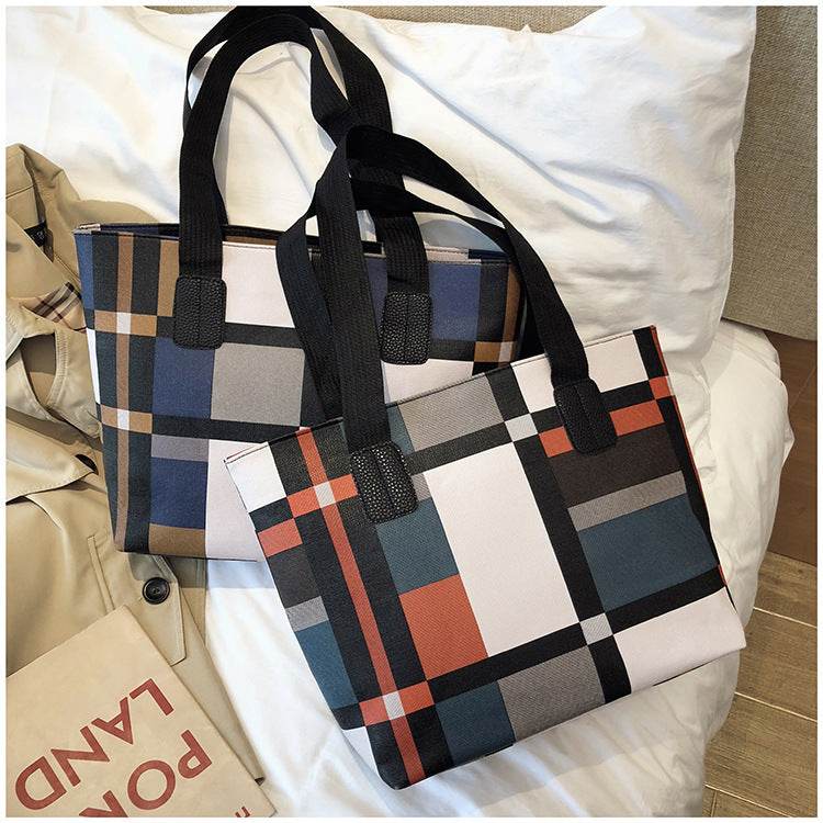 PU Shoulder Fashion Plaid Large Capacity Shopping Bag - MYLUXURY LANE ENTERPRISE