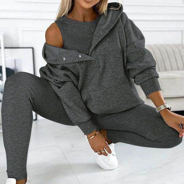 3pcs Women's Sports Suit Loose Hooded Pockets Sweatshirt And Vest And Slim Trousers - MYLUXURY LANE ENTERPRISE