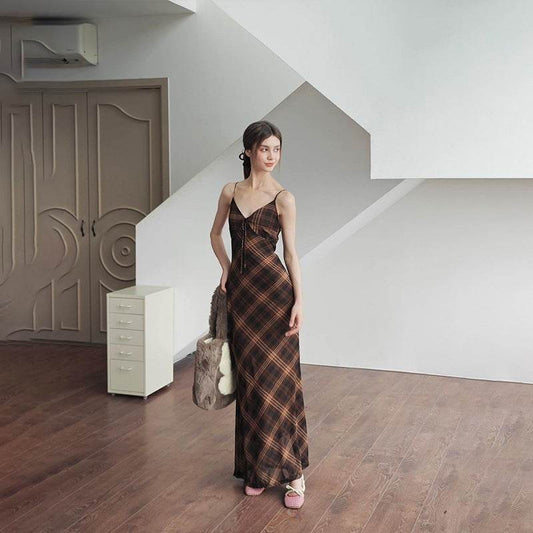 European And American Fashion Retro Plaid Pure Desire Socialite Temperament Slim Strap Dress - MYLUXURY LANE ENTERPRISE
