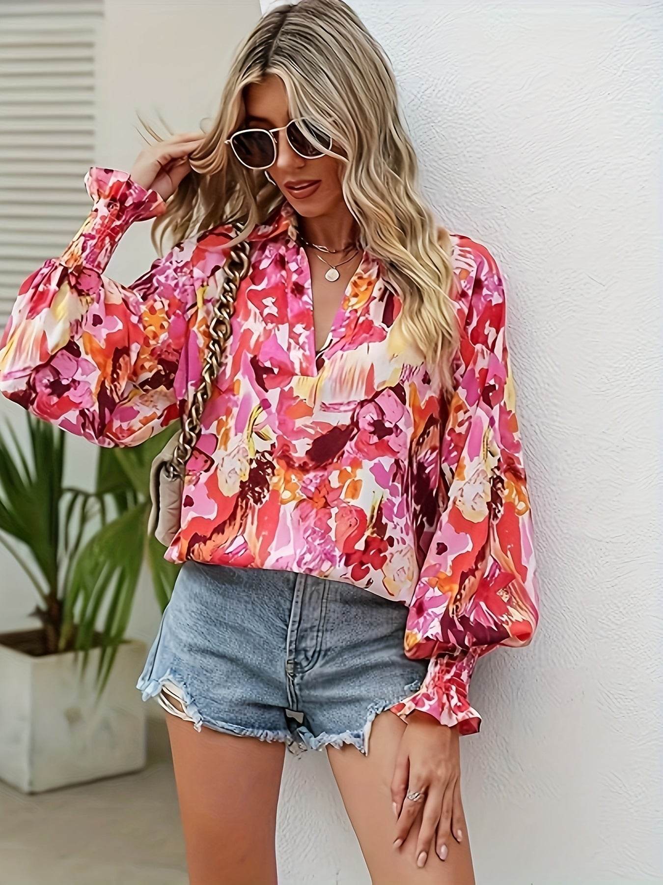 Casual V-neck Lantern Long Sleeve Printed Top Shirt - MYLUXURY LANE ENTERPRISE