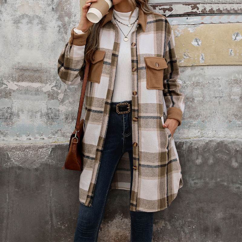 New Brushed Plaid Long Coat With Pockets Fashion Winter Jacket Outwear Women's Clothing - MYLUXURY LANE ENTERPRISE