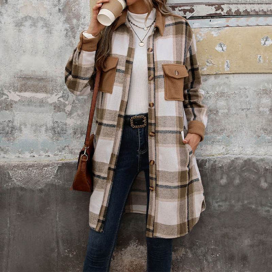 New Brushed Plaid Long Coat With Pockets Fashion Winter Jacket Outwear Women's Clothing - MYLUXURY LANE ENTERPRISE