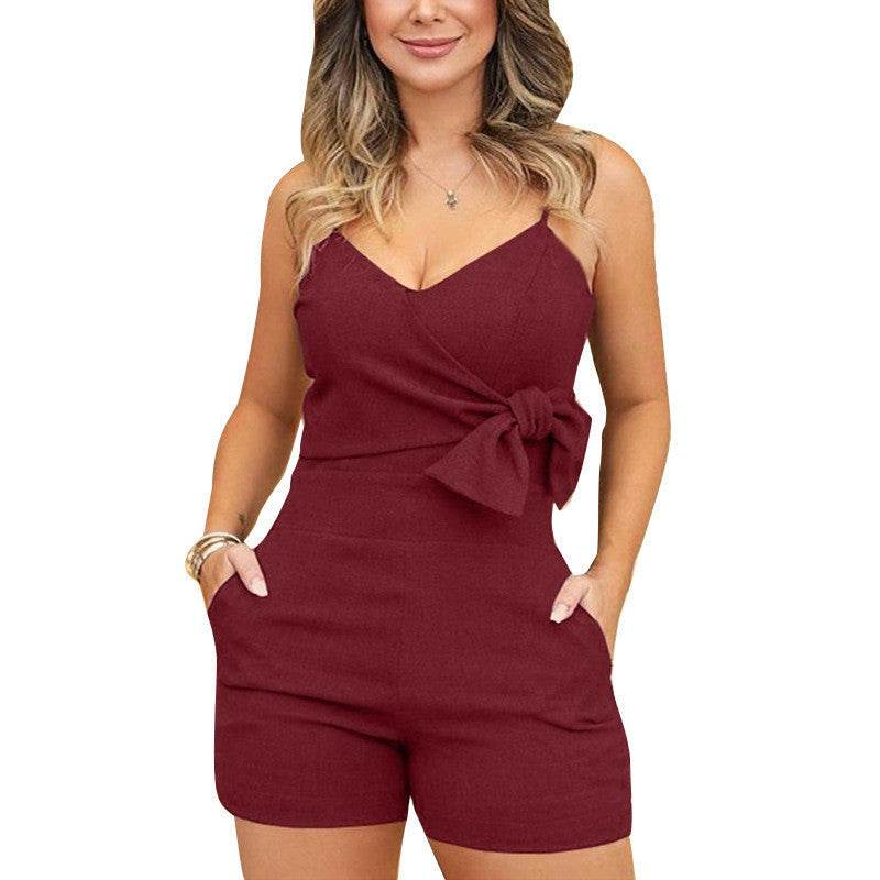 Low-cut Tie Solid Color Jumpsuit - MYLUXURY LANE ENTERPRISE