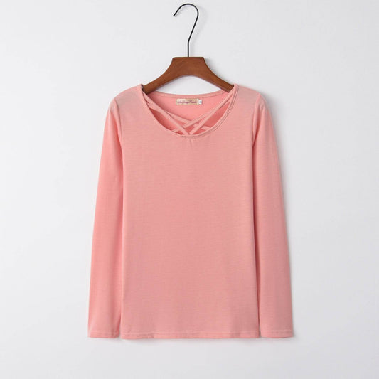 Wish Best-selling New Type Long Sleeve T-shirt Women Solid Color Cross Collar Solid Color Fall Women's Clothing - MYLUXURY LANE ENTERPRISE