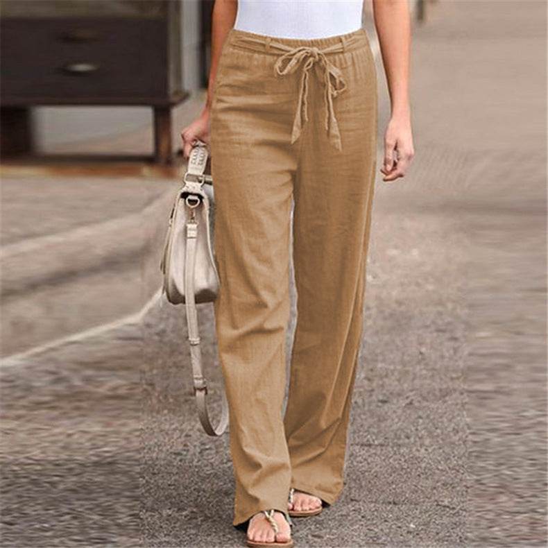 European And American Cotton And Linen Casual Wide-leg Pure Color Elastic Waist Lace-up Loose Women's Trousers - MYLUXURY LANE ENTERPRISE