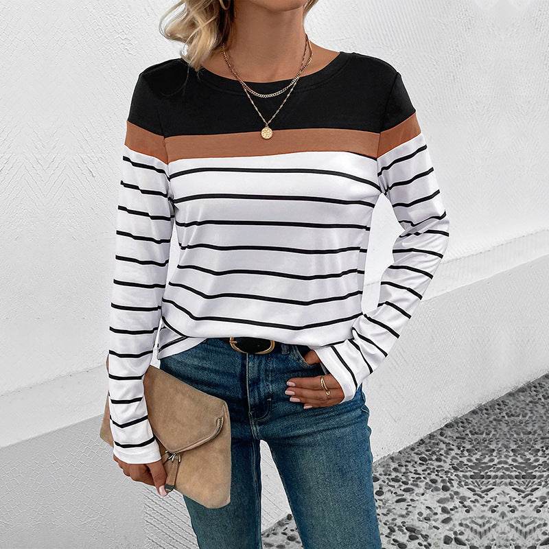 Leisure Top Pullover Patchwork Round Neck Long-sleeved Striped T-shirt - MYLUXURY LANE ENTERPRISE