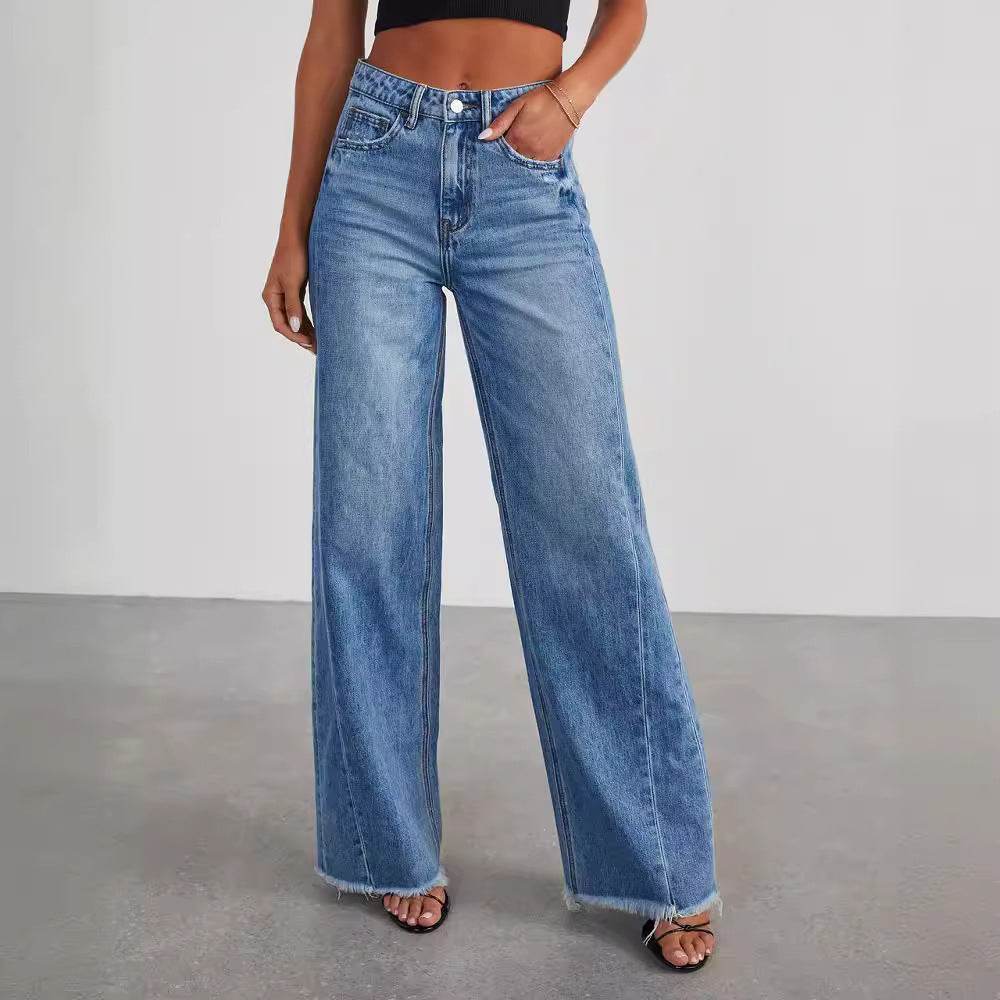 Women's Loose Wide-leg Side Seam Stitching Frayed Hem Jeans - MYLUXURY LANE ENTERPRISE