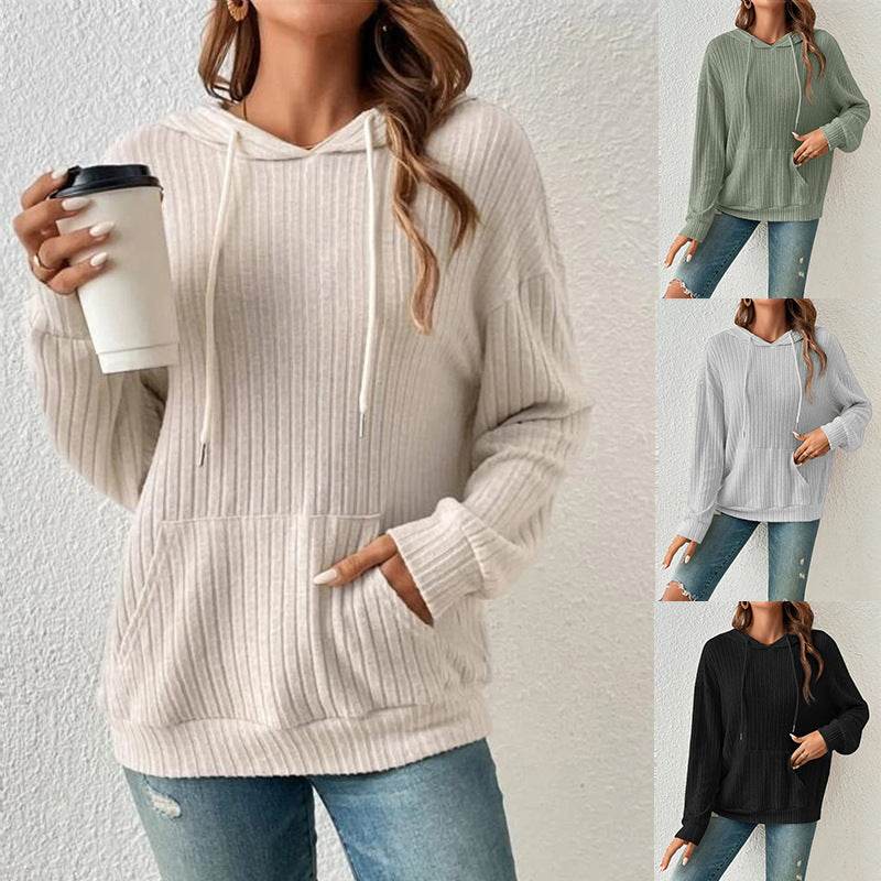 Fashion Drawstring Long-sleeved Hooded Sweatshirt With Pockets Solid Sunken Stripe Hoodie Knitwear Womens Clothing - MYLUXURY LANE ENTERPRISE
