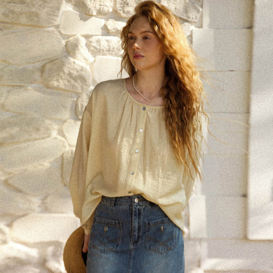Loose Cotton Linen Long Sleeve Blouse Women's Round Neck - MYLUXURY LANE ENTERPRISE
