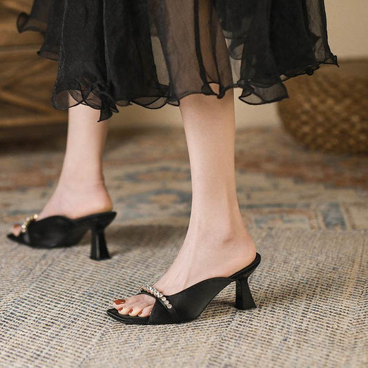 French Retro Women's Shoes Square Toe Open Toe High Heels Rhinestone - MYLUXURY LANE ENTERPRISE