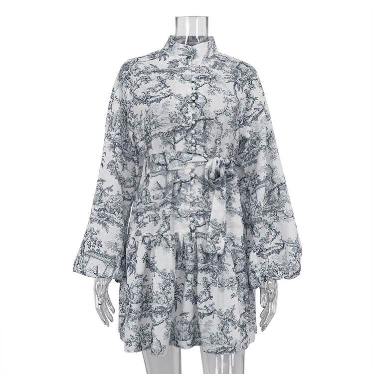Ink Print Long Sleeve Short Dress With Fashion Puffy Sleeve Lapel Tie A-Line Dress Clothing - MYLUXURY LANE ENTERPRISE