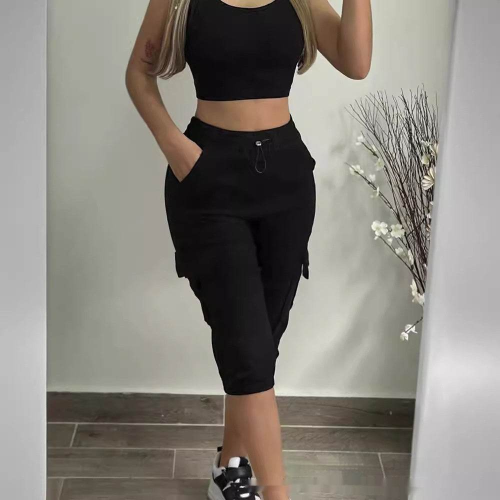 Khaki Casual Patch Pocket Elastic Cropped Pants - MYLUXURY LANE ENTERPRISE