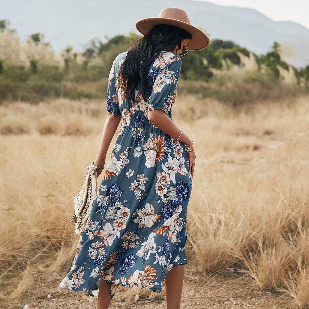 Floral Summer Beach Dress With V Neck Elastic Waist Dresses For Women - MYLUXURY LANE ENTERPRISE