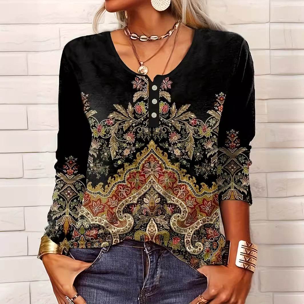 Women's V-neck Ethnic Print Plus Size T-shirt - MYLUXURY LANE ENTERPRISE