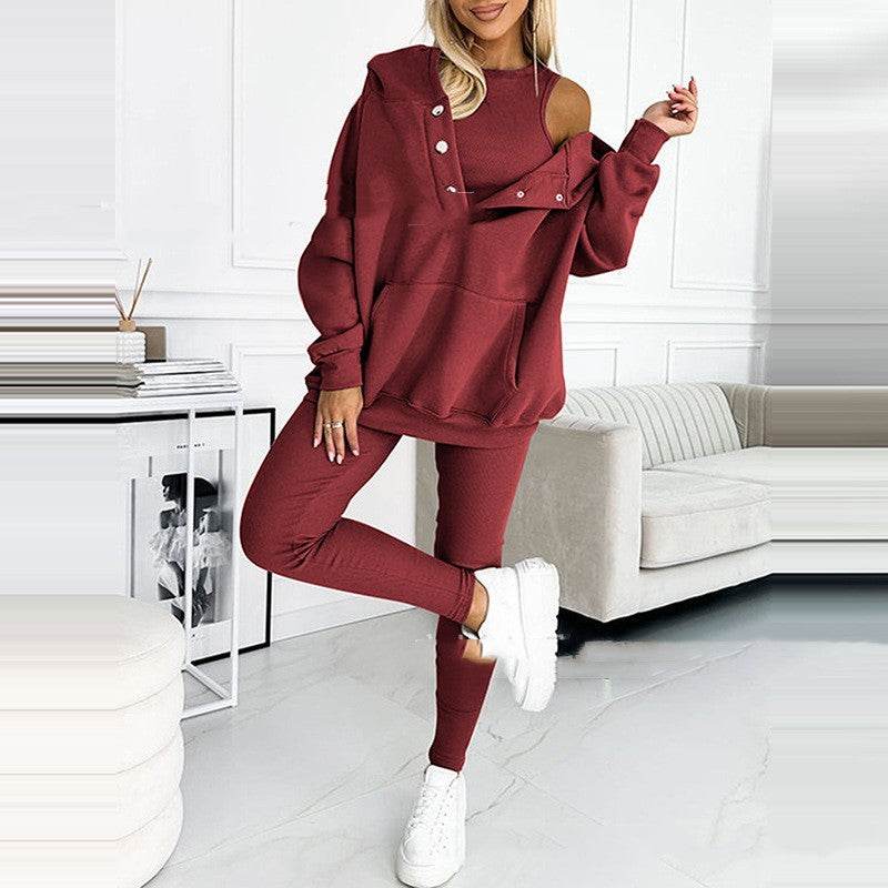 3pcs Women's Sports Suit Loose Hooded Pockets Sweatshirt And Vest And Slim Trousers - MYLUXURY LANE ENTERPRISE