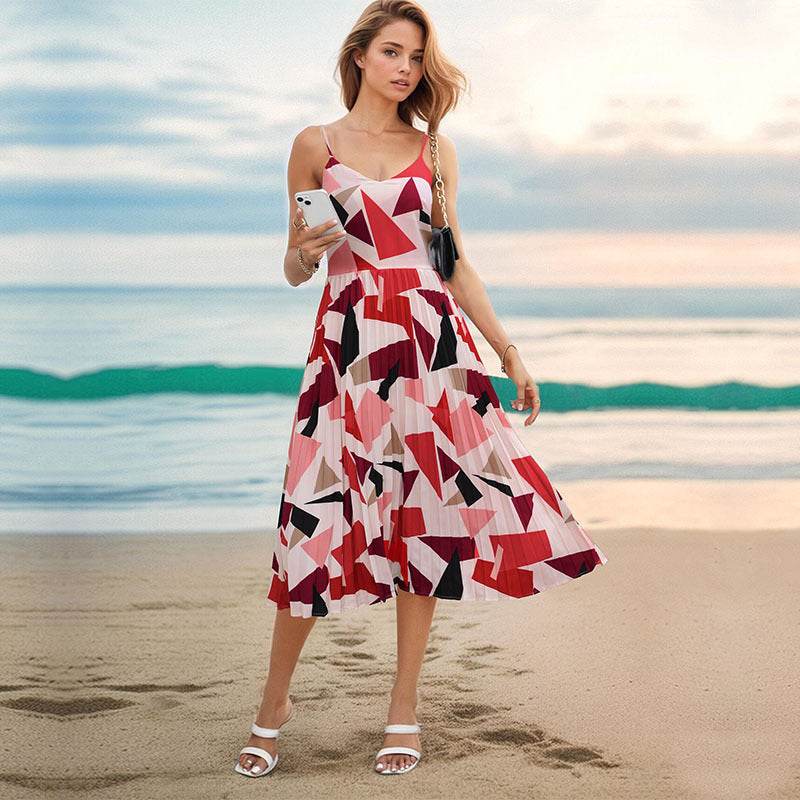 Camisole Vacation A- Line Midi Dress Geometric Print - MYLUXURY LANE ENTERPRISE