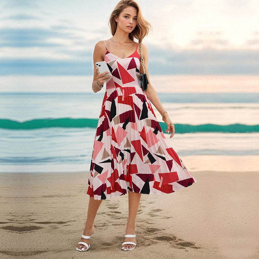 Camisole Vacation A- Line Midi Dress Geometric Print - MYLUXURY LANE ENTERPRISE