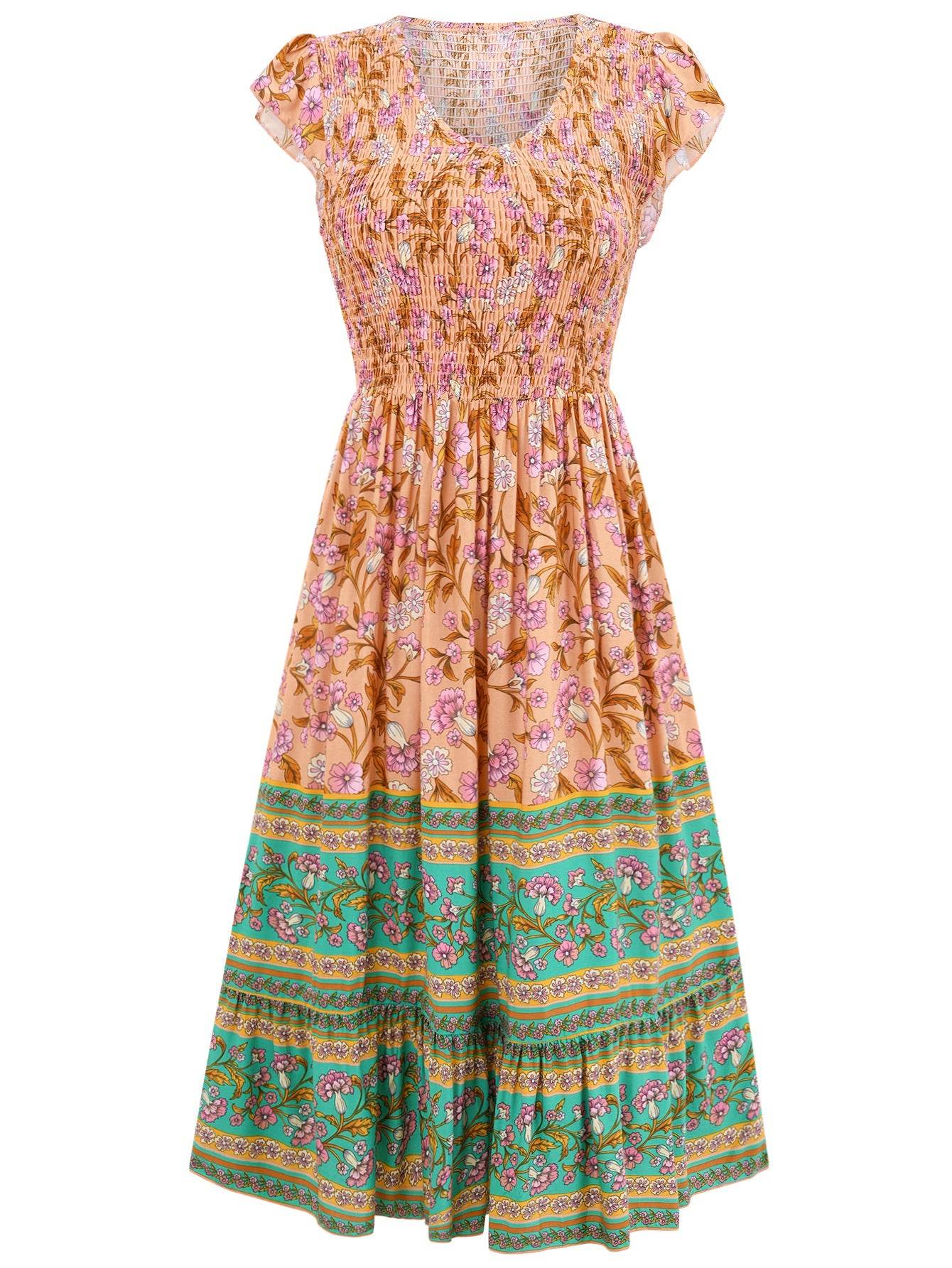 New Flowers Print V-neck Dress Summer Casual Ruffle Sleeveless Dresses Bohemian Holiday Beach Dress For Womens Clothing - MYLUXURY LANE ENTERPRISE