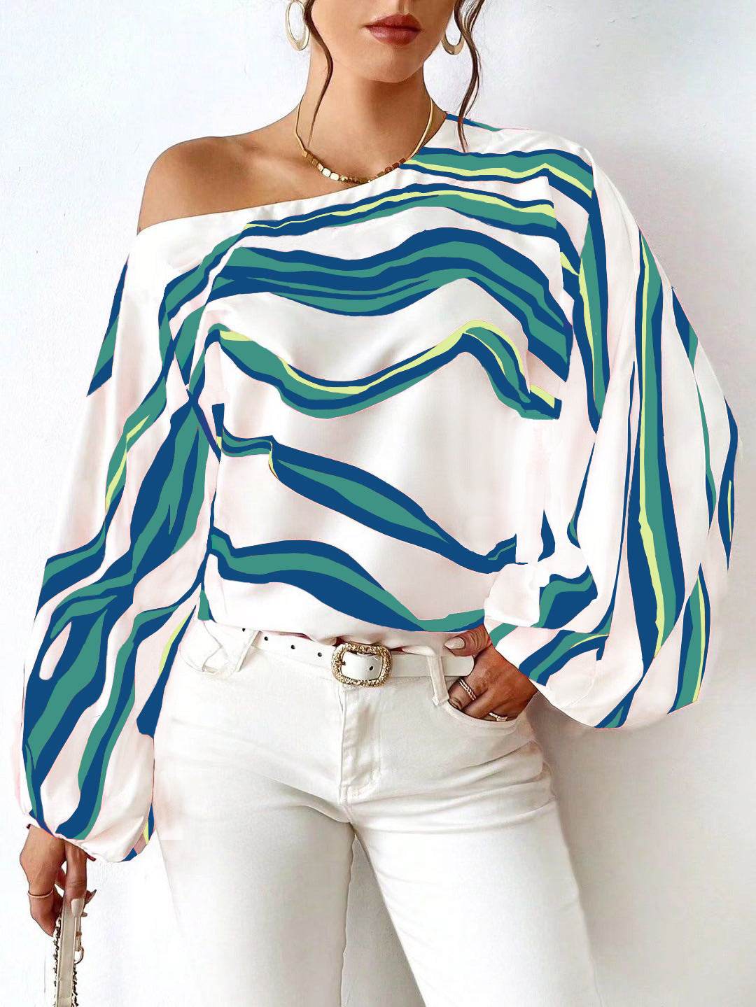 Off-neck Printed Loose-fitting Women's Shirt - MYLUXURY LANE ENTERPRISE