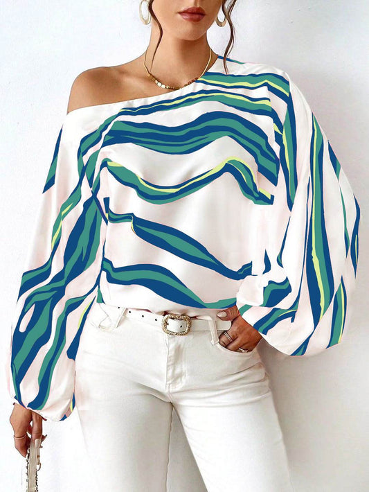 Off-neck Printed Loose-fitting Women's Shirt - MYLUXURY LANE ENTERPRISE