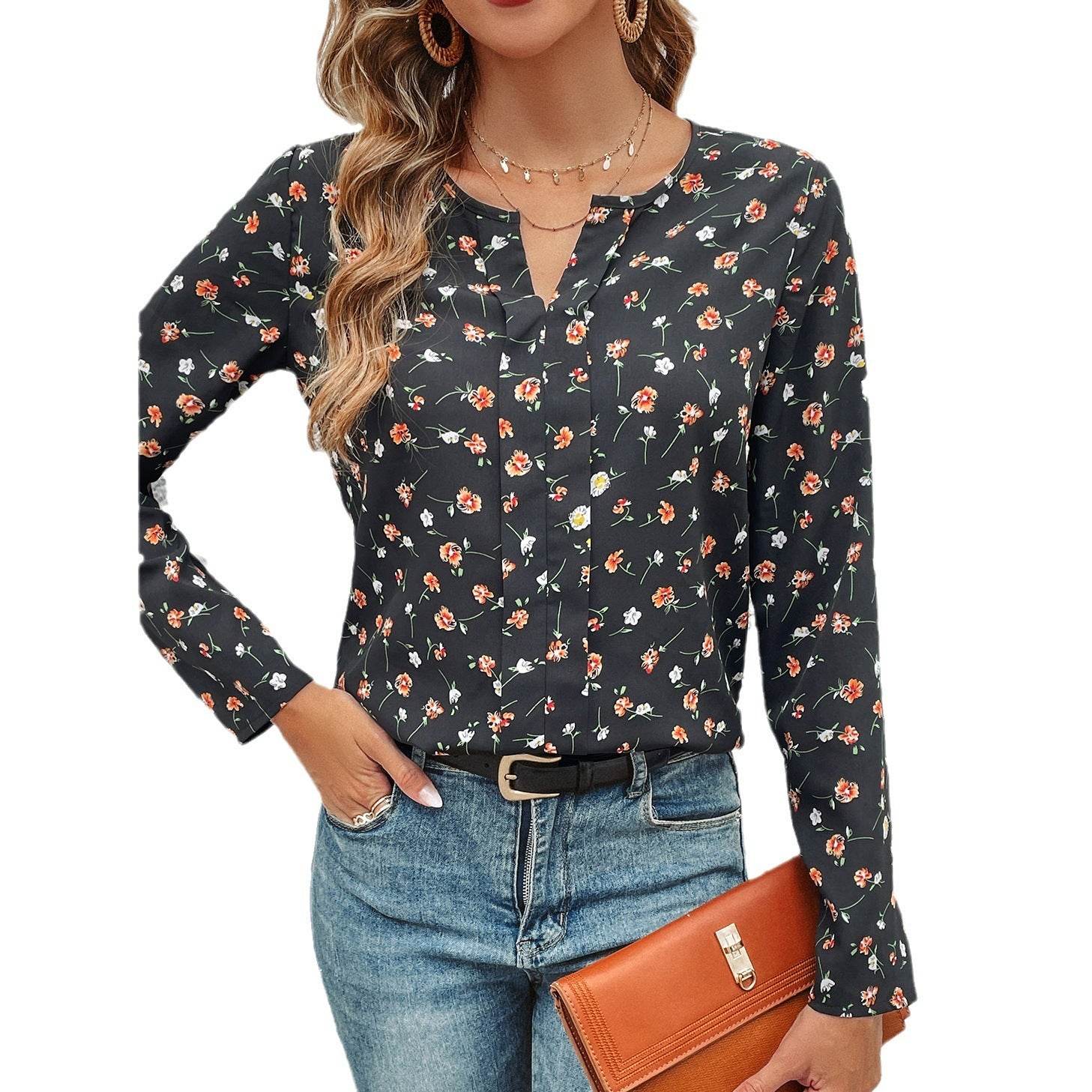 Women's Round-neck Floral Print Long Sleeve Top - MYLUXURY LANE ENTERPRISE