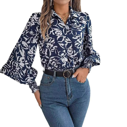 Elegant Contrast Color Flower Lantern Sleeve Lapel Shirt - MYLUXURY LANE ENTERPRISE