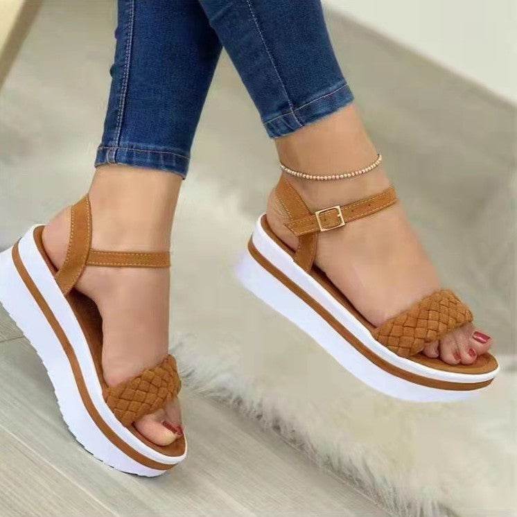 Weave Style Sandals Thick-bottomed Braided One Word Buckle Strap Shoes Women - MYLUXURY LANE ENTERPRISE