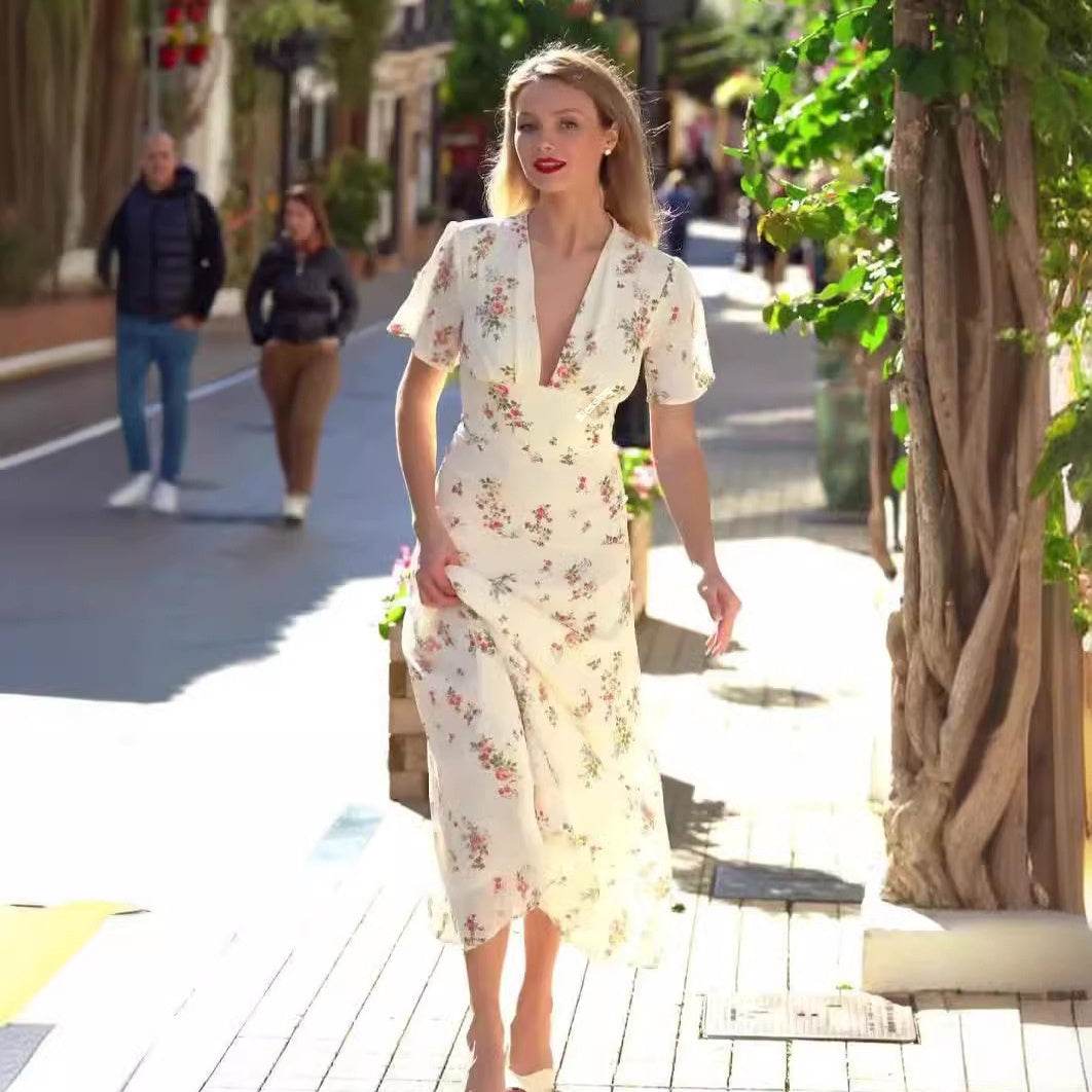 French Sexy Deep V Dress Gentle Small Floral Tight Waist Slimming Dress - MYLUXURY LANE ENTERPRISE